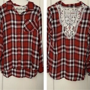 Linda Anderson Shirt Casual Button Up Plaid Unconventional Lace Red & White Sz S
